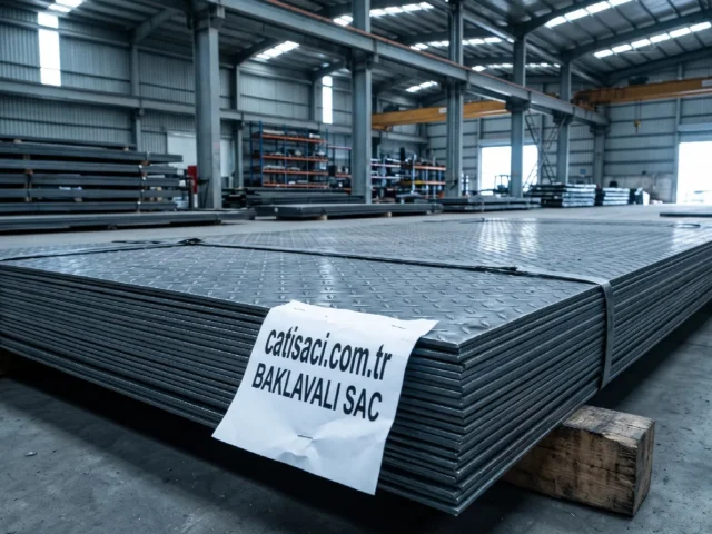 Baklavalı sac istifi, çelik deposunda ahşap takozlar üzerinde