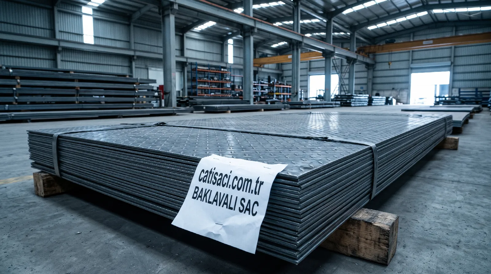 Baklavalı sac istifi, çelik deposunda ahşap takozlar üzerinde
