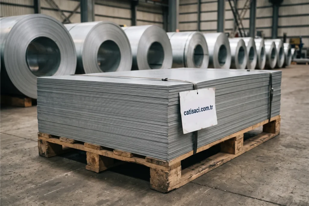 Çatı Sacı deposunda galvaniz sac levha ve rulolar